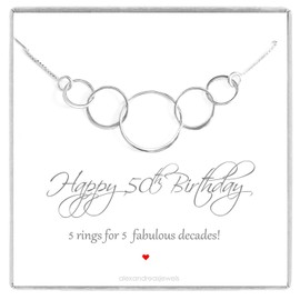 Happy 50th Birthday Necklace, Sterling Silver 5 Interlocking Circles Necklace, Mothers Day Gift, Birthday Gift Necklace, 18.5 Inches plus 2 Inches Extender
