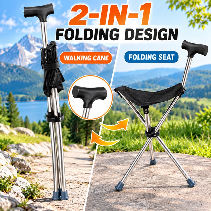 Folding Cane with Seat for Outdoor Rest – Lightweight 2-in-1
