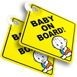 2PCs Baby on Board Car Window Clings with Suction Cups - Reusable Safety Warning Signs for Child in Car, Removable Sticker Decals for Back/Side Windows, No Residue