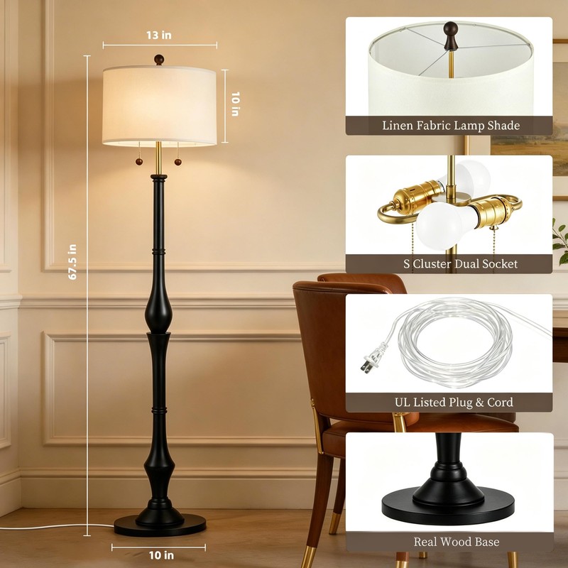 Fismool Farmhouse Floor Lamp, Solid Wood Standing Lamp, Linen Shade,