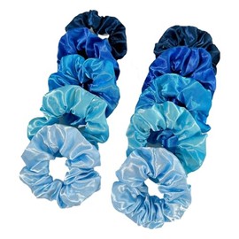 10Pcs Silk Satin Scrunchies for Women,Solid Color Blue Satin Hair Scrunchies Accessories for Thick Curly Hair Elastics Ties Ponytail Holder for Women Girls Gifts