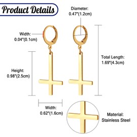 JewelryWe Inverted Cross Hoop Earrings: Men Women Gold Religious Peter Cross Huggie Stainless Steel Gothic Dangle Drop Earrings Jewelry Gift