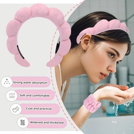 DMIMIA Spa Headbands for Women, 1 Makeup Headband,2 Wrist Washband, Hair Scrunchies and 1 Hair Claw Clip Set for Face Washing, Skincare, Shower, Makeup Removal(Pink)