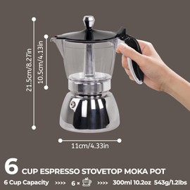 Clear Plastic Moka Pot 6 Cup 300ml Stainless Steel Coffee Maker Uncoated Stovetop Espresso Coffeemaker Italian Classic Style Brewing Greca Cafe Mocha Machine for Cafeteras Camping Travel Home Use