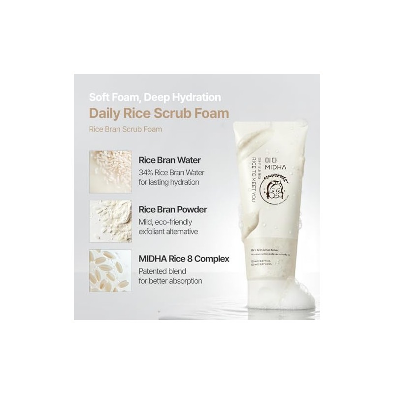 Midha Espuma Exfoliante Salvado Arroz 150 Limpiador Facial Suave Cáscara