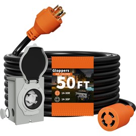 Gloppers 30 Amp Generator Cord and Power Inlet Box, 50FT 125V/250V 4 Prong SJTW Generator Extension Cord, Pre-Drilled 30 Amp Inlet Box Interlock Kit NEMA L14-30P to L14-30R Twist Locking ETL Listed