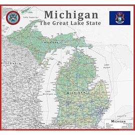 Tiger Moon Michigan State Map - 17.7 x 16.5 Inches, Physical, Coated Paper, Blue Ocean, Wall-Maps