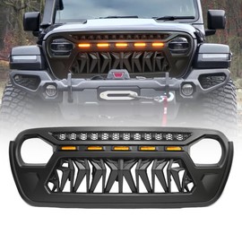 Front Grill Cover with Amber LED Day Running Lights for 2018 2019 2020 2021 2022 2023 2024 Wrangler JL Grille Guard，Matte Black…