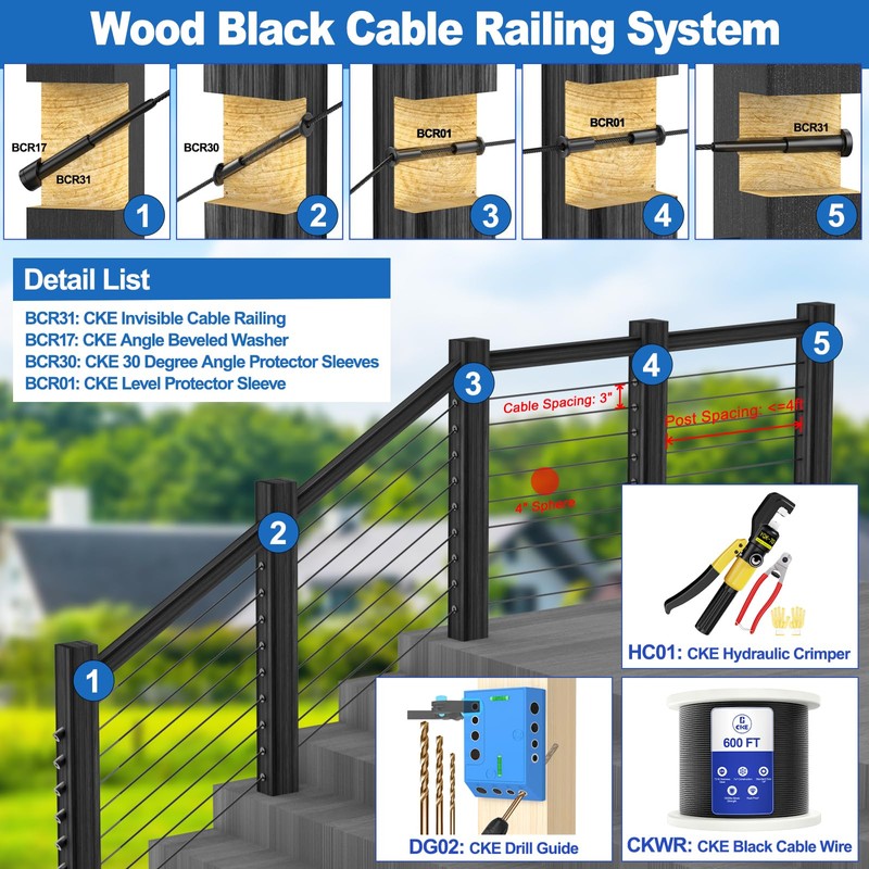 CKE 30 Pack 4"x4" Black Invisible Cable Railing Kit, T316
