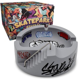Concrete Skatepark Tray - 100% Solid Concrete, 6.5in Round Base, 2.5in Tall, Graffiti-Inspired Design with Smooth Sloped Bowl for Mini Tech Deck Use - Rail Color: Silver