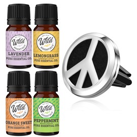 Wild Essentials Peace Sign Essential Oil Car Vent Diffuser Kit, Lavender, Lemongrass, Peppermint, Orange Oils, Stainless Steel Locket Pendant, 8 Refill Pads, Customizable Color Changing Air Freshener