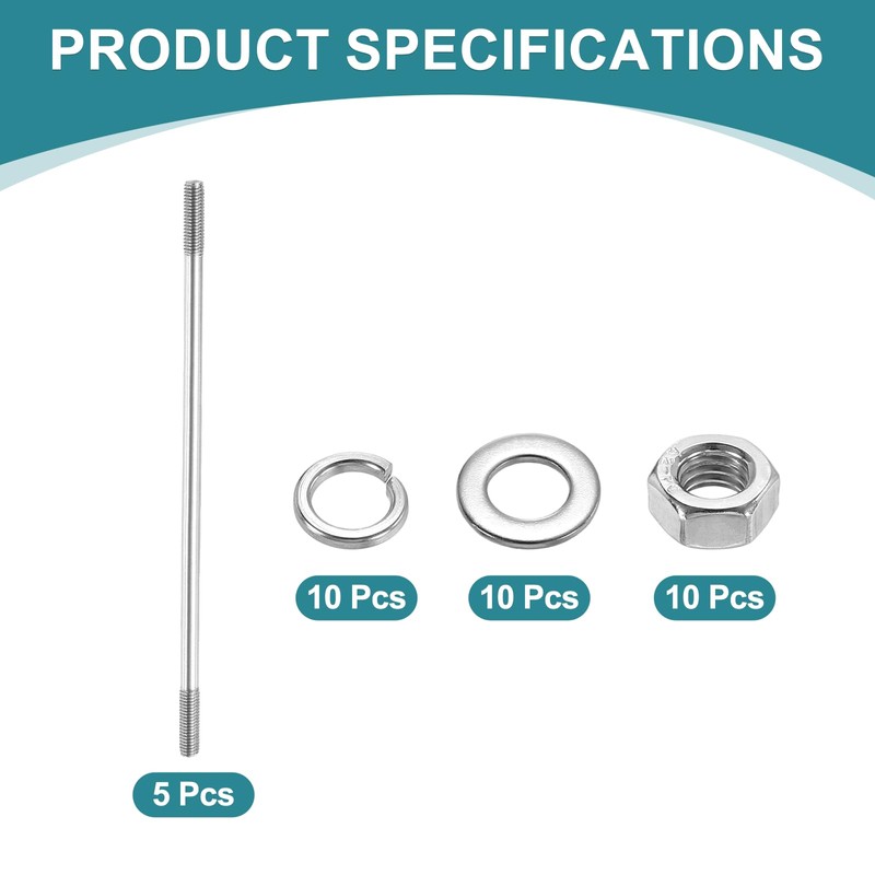 sourcing map 5pcs Double Ended Stud Screws, M5x150mm 304 Stainless