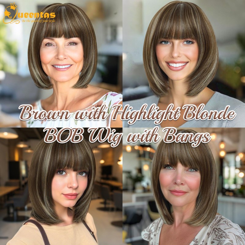 QUEENTAS Peluca Corta Marrón Estilo Bob Para Mujer, Recta Hasta
