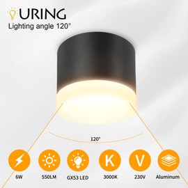 URing LED Surface-Mounted Spotlights, 3000 K Ceiling Spotlights, Black, Includes 6 W 550 LM GX53 LED Surface-Mounted Spotlight, Diameter 84 x 71 mm, Surface-Mounted 230 V Surface-Mounted Light,