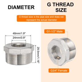 sourcing map 2 Pcs 304 Stainless Steel Reducer Hex Bushing G1-1/2 Male x G3/4" Female Threaded Reducing Pipe Adapter Fitting with PTFE Tape for Plumbing, Fuel Lines, and Pneumatic Systems