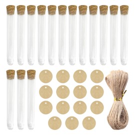 Pack of 15 Plastic Test Tubes with Corks, 15 Pieces Hanging Labels with Twine, Transparent Flower Bottles, Suitable for DIY Production (12 x 75 mm)