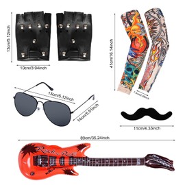cnomg Rocker Costume for Men Punk Accessories Costume Including Disco Wig Headband Sunglasses Tattoo Sleeve Gloves Inflatable Guitar for 70s 80s 90s Punk Rock Party