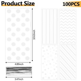 Cellophane Bags 100 PCS White Cellophane Treat Bags 5x11 Inch Plastic Candy Cookie bags Cellophane GiftBags Party Favor Supplies Goodie SnackBags with Twist Ties for Weddings Birthday Christmas