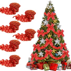 6 Rolls Christmas Tree Ribbon Garland Red Glitter Snowflake Ribbon Garland for Christmas Tree Ruffled Wired Ribbon Xmas Tree Garland Vintage Rustic Farmhouse Home Decor 54 FT (Snowflake)