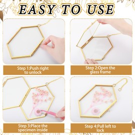 Qunclay 4 Pcs Glass Pressed Flower Frame Hexagon Glass Frame for Pressed Flowers with Chain Double Floating Picture Geometric Wall Decor for Photo Picture Poster in Home Gallery, 4 x 6 in