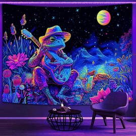 Blacklight Frog Tapestry, Fantasy Neon Funny Frog Guitar Mountain Plant Floral Art UV Reactive Tapestries, Cool Fairytales Galaxy Space Glow in the Dark Tapestry for Bedroom Boys Kids Decor, 60"x40"