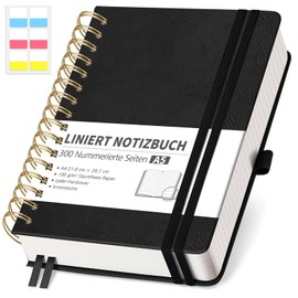 RETTACY Notebook A5 Lined Bullet Journal with 100 g/m² Thick Paper, 150 Sheets/300 Numbered Pages, College Pad for Office and School, Leather Cover, Black, 14.8 cm x 21 cm