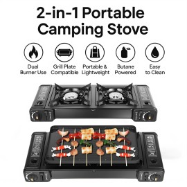 Bulin 2-in-1 Portable Camping Stove 2 Burner Gas Grill Butane Dual Fuel w/ Case