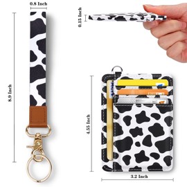 Slim Front Pocket Wallet RFID ID Card Holder Cute Small Wallet with Keychian for Women, Z Cow+lanyard, Card Holder+Lanyard