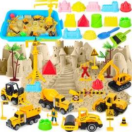 Alloy Construction Sensory Bin, Kids Sandbox Play Sand Art Kit Include 2.2lbs Magic Sand, 6 Construction Vehicles, Crane, Beach Sand Toys Building Castle Sensory Bins for Toddlers Boys 2 3 4-8 Years