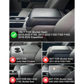 KBH Center Console Armrest Cover for F250 F350 F450 F550 2017-2022, F150 2015-2020, Ford Expedition 2018-2024, Bucket Seat, PU Leather Trim, Black (Armrest & Cup Holder Cover Set)