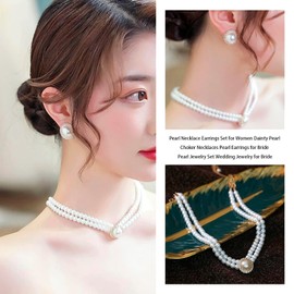 Pearl Necklace and Earring Set Pearl Jewelry Set Dainty Pearl Choker Necklace White Faux Pearl Beads Strand Necklace Jewelry Gifts for Women Girls