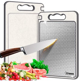 Utenko- Double-Sided Stainless Steel Cutting Board with Scratch-resistant Mesh Design- Metal Cutting Board with Non-Slip Silicone Cover, Juice Groove, and Built-in Knife Sharpener- 14.37" x 9.7"