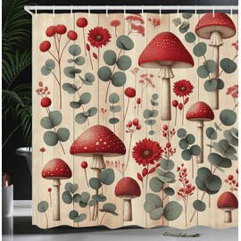 ABAKUHAUS Rustic Shower Curtain, Scandinavian Floral Woodland Mushrooms with Sage Green Eucalyptus Branches, Cloth Fabric Bathroom Decor Set with Hooks, 78 Inches, Champagne Dark Coral