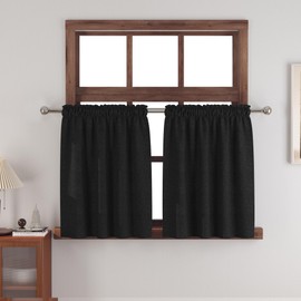 Small Tiers Black 2 Pack Faux Linen Textured Kitchen Short Small Mini Window Curtains Valance 30 inches Length Privacy Home Decor Classic Cafe Basement Living Room/Bedroom 34W by 30L Rod Pocket