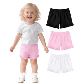 ZUEMET 3 Pack Baby Girls Ruffle Shorts Toddler Cotton Dance Shorts Soft Summer Clothes Size 5T Black+White+Pink