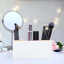 Relaxdays Bamboo Desk Organiser, 4 Compartments, for Office Supplies & Cosmetics, Pen Holder, HBD: 8 x 21 x 9 cm, White