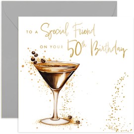 Special 50th Birthday Cards for Female Friend, Special BDay Gift for Her, Espresso Martini Cocktail Design with Gold Foil Sparkle for Women, Premium Present with Envelope, Blank Inside