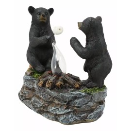 Rustic Forest Father Son Black Bears Making Smores Bonfire Night Light Figurine
