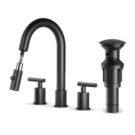 Ryuwanku Matte Black Pull Down Bathroom Faucet with Pop-up Drain, 8 inch Widespread Bathroom Faucet 3 Hole with Pull Down Sprayer 2 Modes. 8'' Matte Black Bathroom Faucet with Supply Lines
