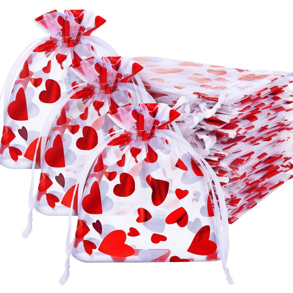 150 Pieces Valentine's Day 3 x 4 Inch Love Heart Organza Bags Drawstring Pouches Candy Goodies Bags Food Storage Bags for Valentine's Day Wedding Festival Party Supply
