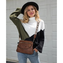 FOXLOVER Crossbody Bags for Women Triple Zip Trendy Vegan Leather Shoulder Purses with Colored Shoulder Strap (Brown)