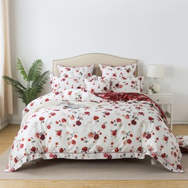 FADFAY Reversible Duvet Cover Set Queen Shabby White and Red Rose Floral Bedding Vintage Farmhouse Bedding 800 Thread Count 100% Egyptian Cotton Bedding Set with Hidden Zipper Closure 3Pc, Queen Size