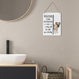 UYIKG Welcome To The Bathroom a Dog Will Be With You Shortly Wood Hanging Sign,Funny Bathroom Wall Decor Sign for Dog Mom Dad French Bulldog Lover,8x10 inches