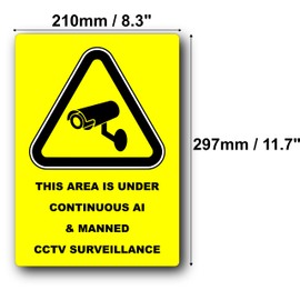 A4 AI & Manned CCTV Surveillance Sign, Yellow Security Warning, Aluminium Composite, UV Printed for Outdoor Use, 210mm x 297mm x 3mm, 4 Fixing Holes