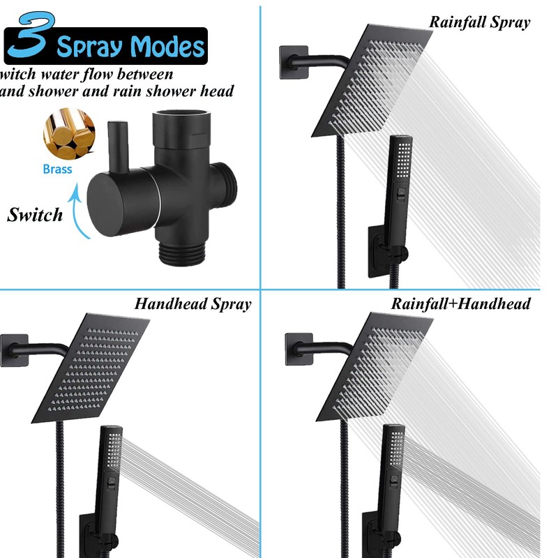 6'' Square High Pressure Rain Black Shower Heads with Handheld