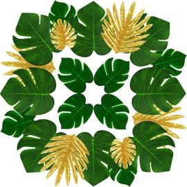 Veytoo Palm Leaves Hawaiian Party Decorations, 48 Pieces 4 Kinds Tropical Leaves Palm Luau Party Faux Monstera Leaves for Hawaiian Luau Party Jungle Beach Table Leave Party Decorations