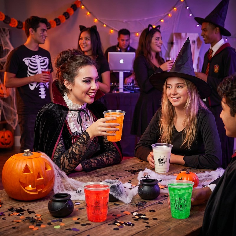 50 Pcs Halloween Disposable Plastic Cups, Spooky 12oz Cold Drink