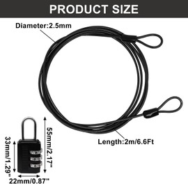 Sydien Cable Lock Double Loops 6.6Ft Long Black Security Cable with Lock, Bike Lock Cable 2.5mm Braided Steel Coated Safety Cable Wire for Luggage, Outdoor, Clothesline (2 Pack)