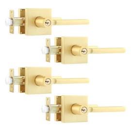 Leydebong 4 Pack Heavy Duty Entrance Door Lever (for Office/Front Door) Entry Door Handle Set, Left or Right Handing, Keyed Alike/Combo Keys Door Handles, Satin Brass Finish