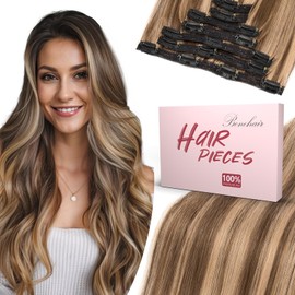 Benehair Clip in Hair Extensions Real Human Hair 10inch Double Weft Medium Brown Mixed Dark Blonde Hair Extensions Clip in Human Hair Lace Weft Straight Hair Extensions Clip ins 7pcs 85g #4P27